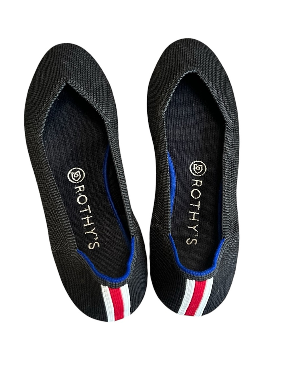 Rothy's Black Knit Ballet Flats with Red and White Trim 8.5